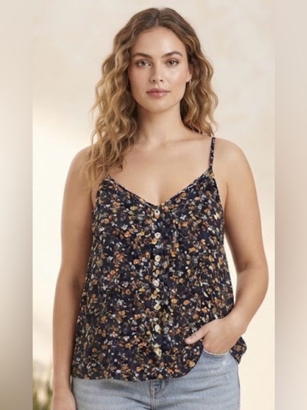 Blush J Navy Gold Floral Button Front Cami Tank Top Size Large